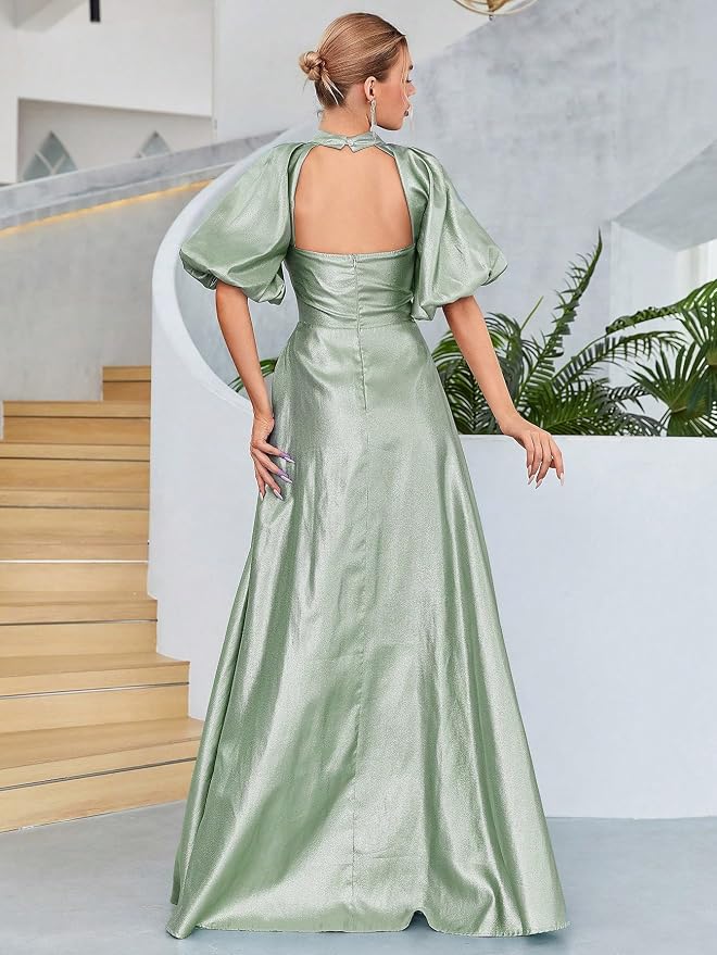 Women's Cut Out Puff Sleeve Satin Dress