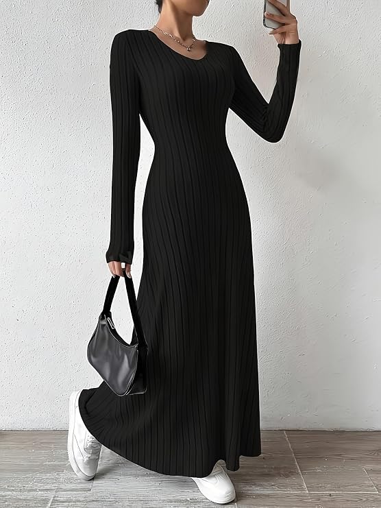 Women's Long Sleeve Ribbed Knit Maxi Dress