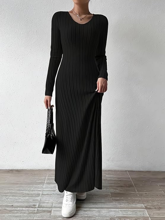 Women's Long Sleeve Ribbed Knit Maxi Dress