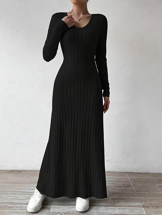 Women's Long Sleeve Ribbed Knit Maxi Dress