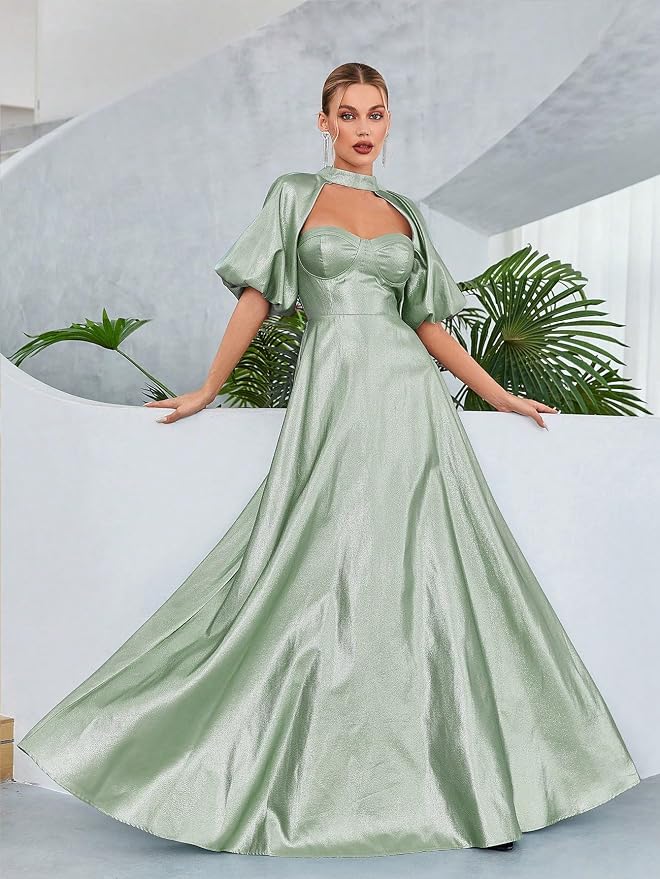 Women's Cut Out Puff Sleeve Satin Dress