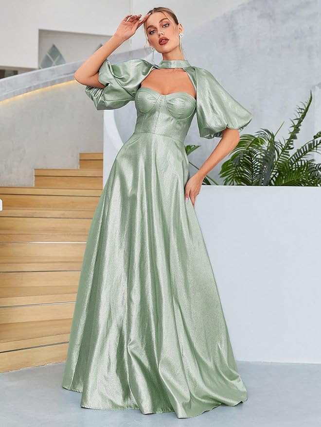 Women's Cut Out Puff Sleeve Satin Dress