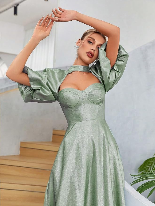 Women's Cut Out Puff Sleeve Satin Dress